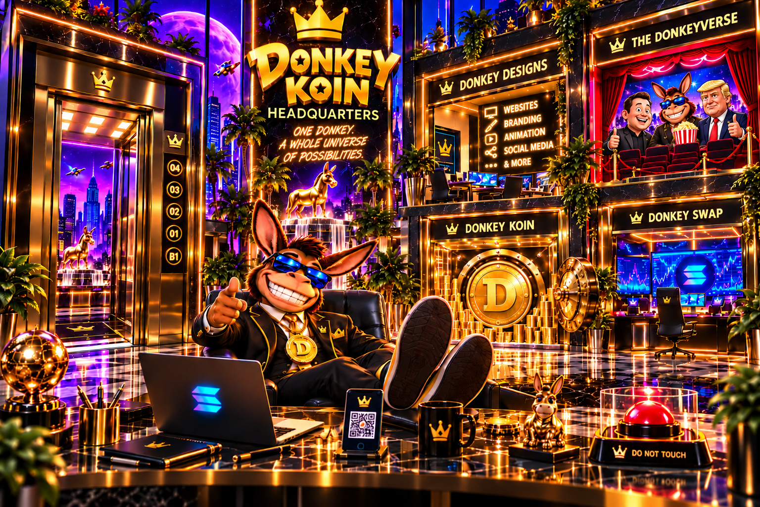 Donk at the approved DONKEY KOIN Headquarters, featuring a gold elevator, Donkey Designs, Donkeyverse cinema, D coin vault and Donkey Swap